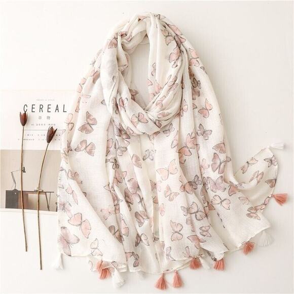 Rockabit Accessories - NEW Boho Butterfly Printed Tasseled Rectangle Soft Chic Scarf Large Cream Pink